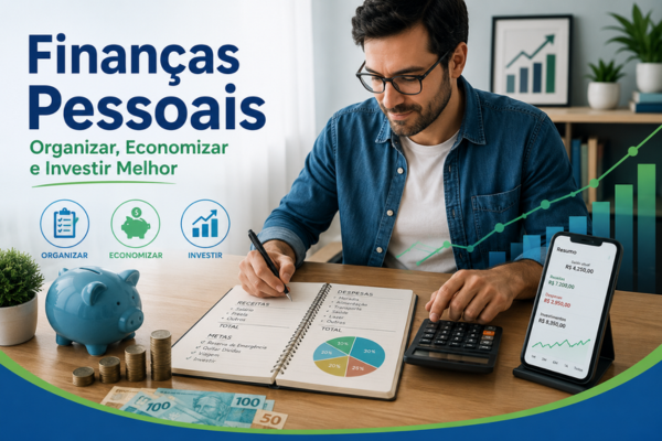 Pessoa organizando finanças pessoais com caderno, calculadora, celular, cofrinho, dinheiro e gráfico de crescimento financeiro.