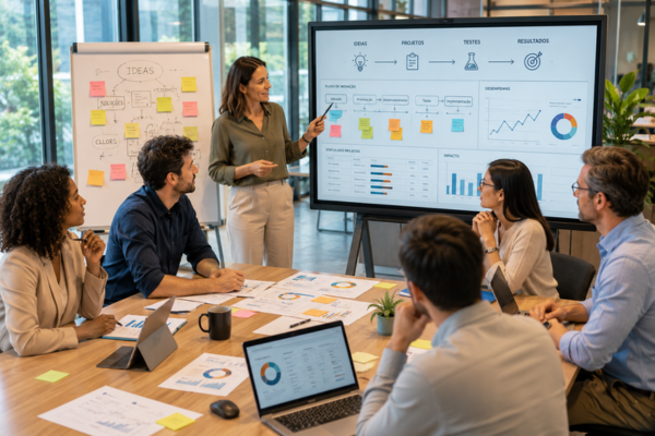 Equipe acompanhando ideias, projetos, testes e resultados em uma reunião de gestão da inovação.