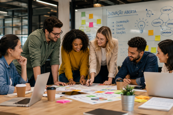 Equipe colaborando em escritório moderno para criar soluções de inovação aberta com empresas, startups, universidades e clientes.