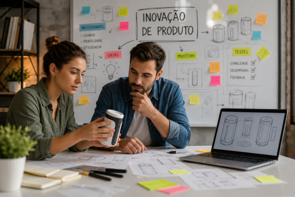 Equipe analisando protótipo de produto em uma reunião de inovação de produto com desenhos, testes e ideias no quadro.
