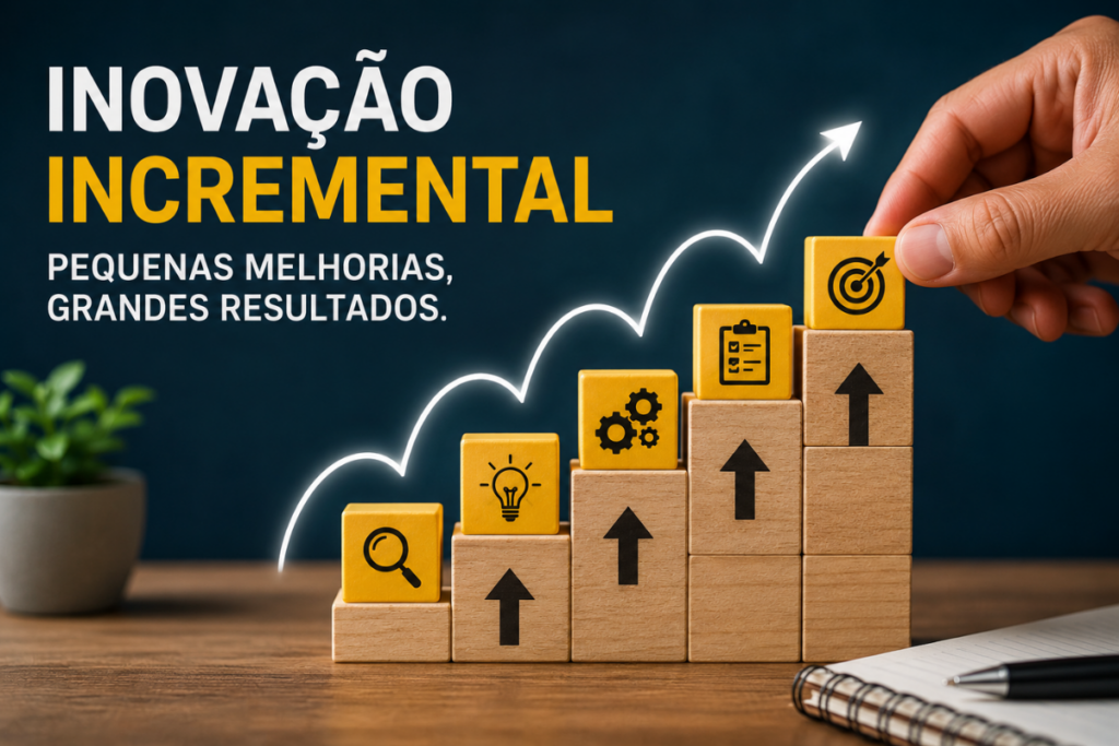 Blocos de madeira em formato de escada representando inovação incremental com pequenas melhorias e crescimento gradual.
