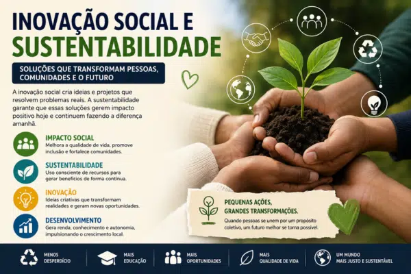 Imagem sobre inovação social e sustentabilidade, com mãos diversas segurando uma muda de planta, representando impacto positivo, colaboração e desenvolvimento comunitário.