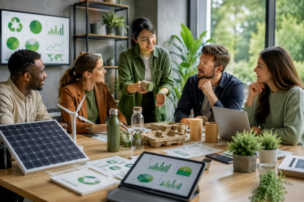 Equipe analisando soluções de inovação sustentável com energia solar, embalagens ecológicas, gráficos verdes e plantas em ambiente corporativo.