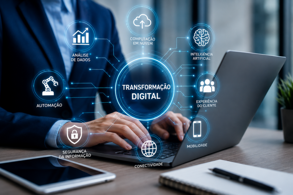 Inovação tecnológica e transformação digital com empresas usando inteligência artificial, automação, dados e ferramentas digitais