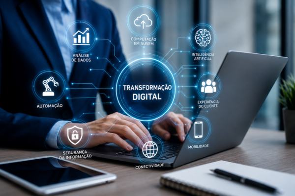 Inovação tecnológica e transformação digital com empresas usando inteligência artificial, automação, dados e ferramentas digitais