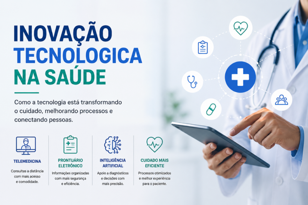 Inovação tecnológica na saúde com telemedicina, prontuário eletrônico, inteligência artificial e cuidado mais eficiente