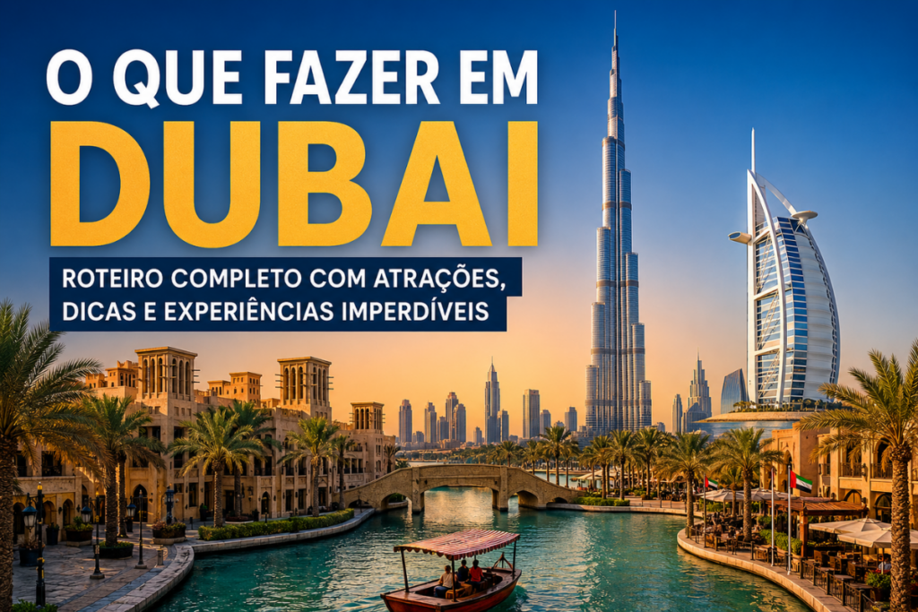 O que fazer em Dubai com Burj Khalifa, Burj Al Arab, canais, arquitetura árabe, palmeiras e pontos turísticos ao pôr do sol.