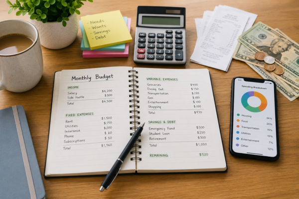 Mesa organizada com caderno de orçamento pessoal, calculadora, recibos, dinheiro, celular com gráfico de gastos e anotações financeiras.