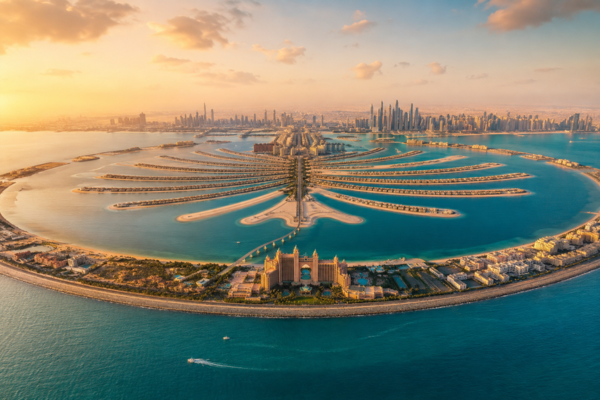 Palm Jumeirah em Dubai vista do alto, com formato de palmeira, águas azuis do Golfo Pérsico, resorts de luxo e skyline moderno ao fundo.