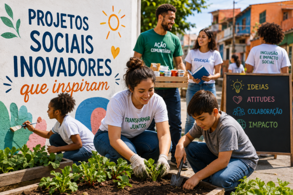 Imagem sobre projetos sociais inovadores que inspiram, com voluntários e crianças participando de horta comunitária, pintura coletiva e ação social.