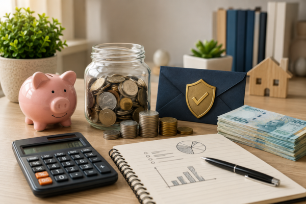 Mesa organizada com cofrinho, pote com moedas, calculadora, dinheiro, caderno e símbolo de proteção representando reserva de emergência.