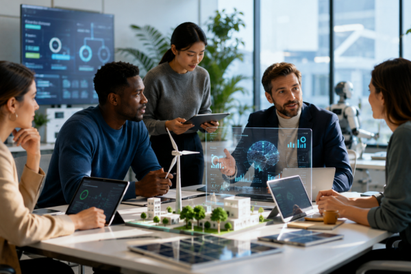 Equipe analisando tendências de inovação com inteligência artificial, dados, sustentabilidade, energia limpa e tecnologia em ambiente corporativo.