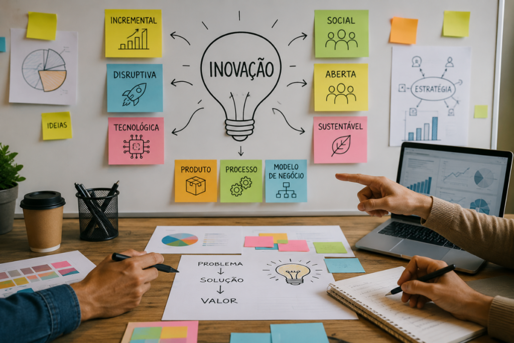 Tipos de inovação representados em um quadro com ideias, gráficos, tecnologia, inovação social, sustentável, aberta e modelos de negócio.