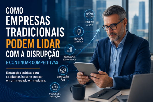 Empresário analisando estratégias de inovação e adaptação para saber como empresas tradicionais podem lidar com a disrupção e manter a competitividade no mercado.