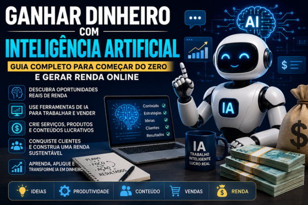 Robô representando inteligência artificial ao lado de computador e dinheiro ilustrando formas de ganhar dinheiro com inteligência artificial e gerar renda online.