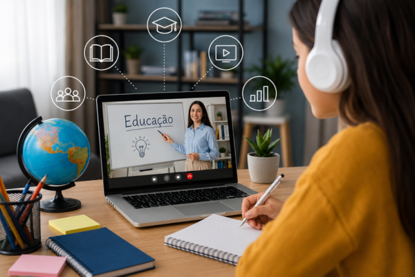 Estudante utilizando plataforma digital de ensino online como exemplo de inovação disruptiva na educação e transformação do aprendizado.