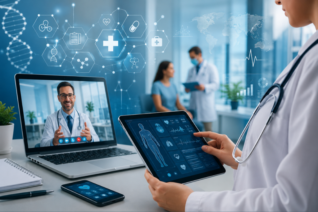 Médica usando tablet com prontuário digital e telemedicina, representando inovação disruptiva na saúde e transformação do atendimento médico.