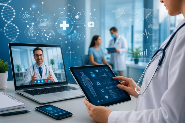 Médica usando tablet com prontuário digital e telemedicina, representando inovação disruptiva na saúde e transformação do atendimento médico.