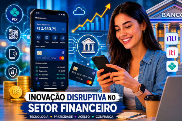 Aplicativo financeiro digital representando a inovação disruptiva no setor financeiro por meio de fintechs, bancos digitais e pagamentos eletrônicos.