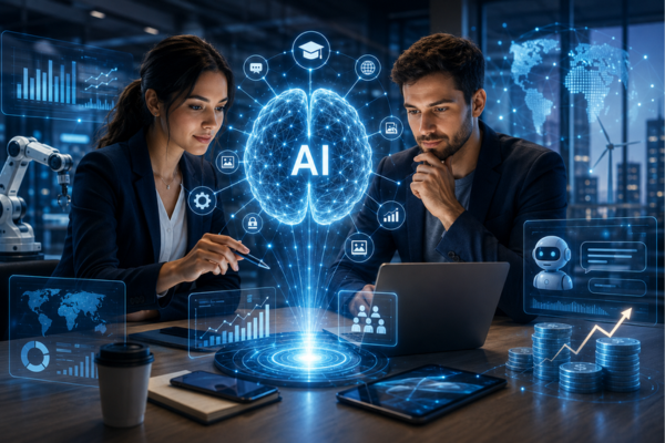 Profissionais utilizando inteligência artificial com gráficos digitais, automação, análise de dados e tecnologia avançada em ambiente corporativo moderno.