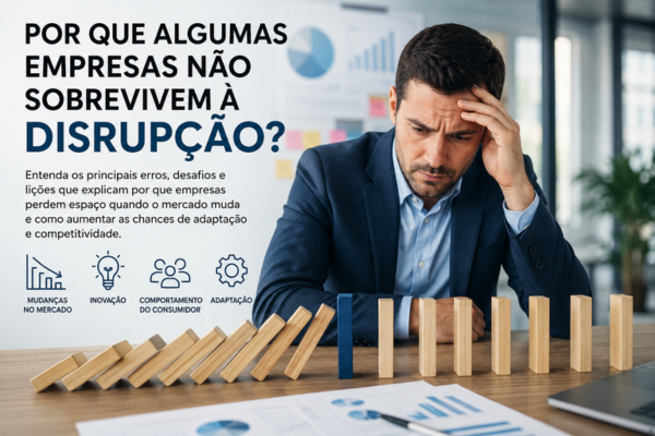 Imagem ilustrando por que algumas empresas não sobrevivem à disrupção, mostrando uma organização enfrentando impactos da transformação do mercado por falta de adaptação e inovação.