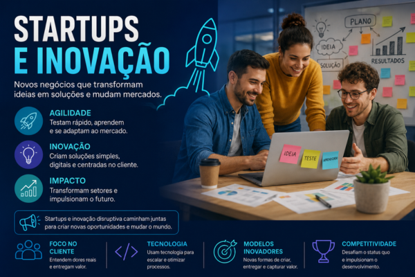 Equipe de startups e inovação disruptiva trabalhando em um projeto de inovação disruptiva com tecnologia, ideias digitais e foco em novos modelos de negócio.
