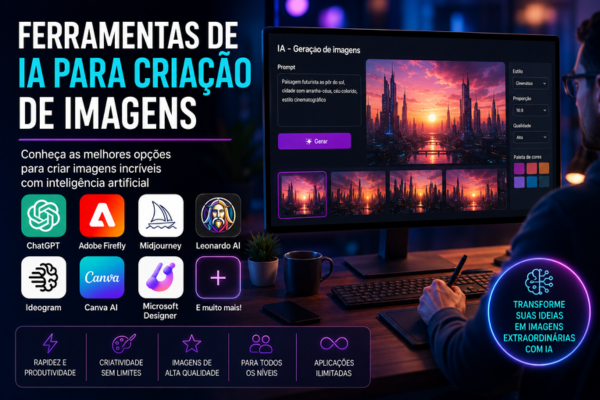Ferramentas de IA para criação de imagens utilizadas para gerar ilustrações, artes e imagens digitais com inteligência artificial.