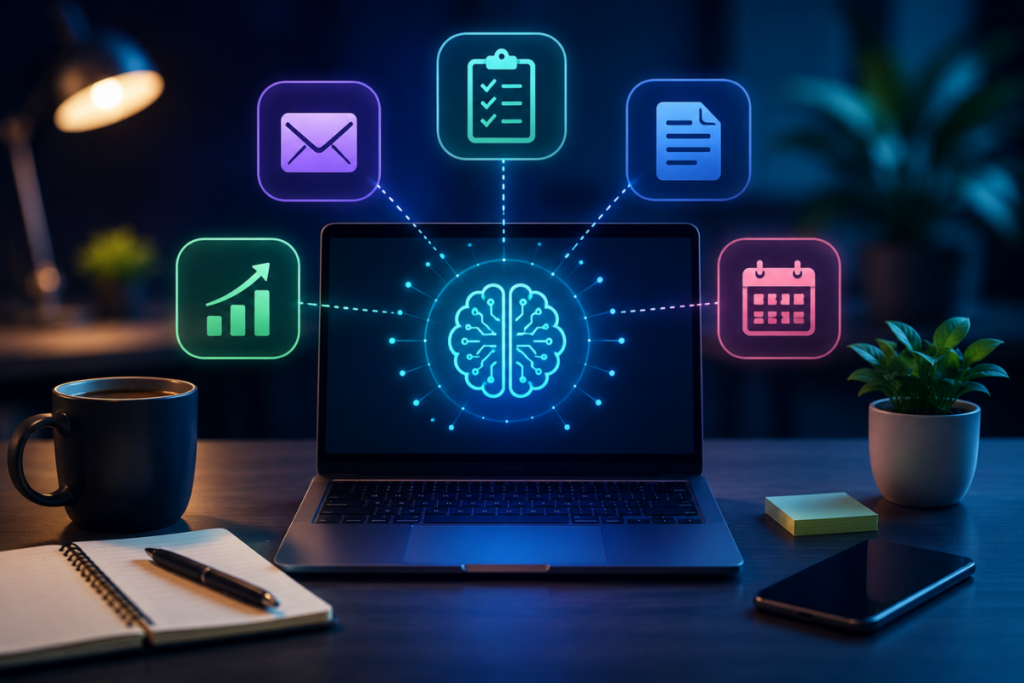 Ferramentas de IA para produtividade utilizadas para organizar tarefas, automatizar processos e aumentar a eficiência no trabalho.