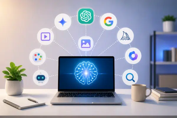 Ferramentas de inteligência artificial para trabalho, estudos e negócios utilizadas na criação de conteúdo, produtividade e automação.