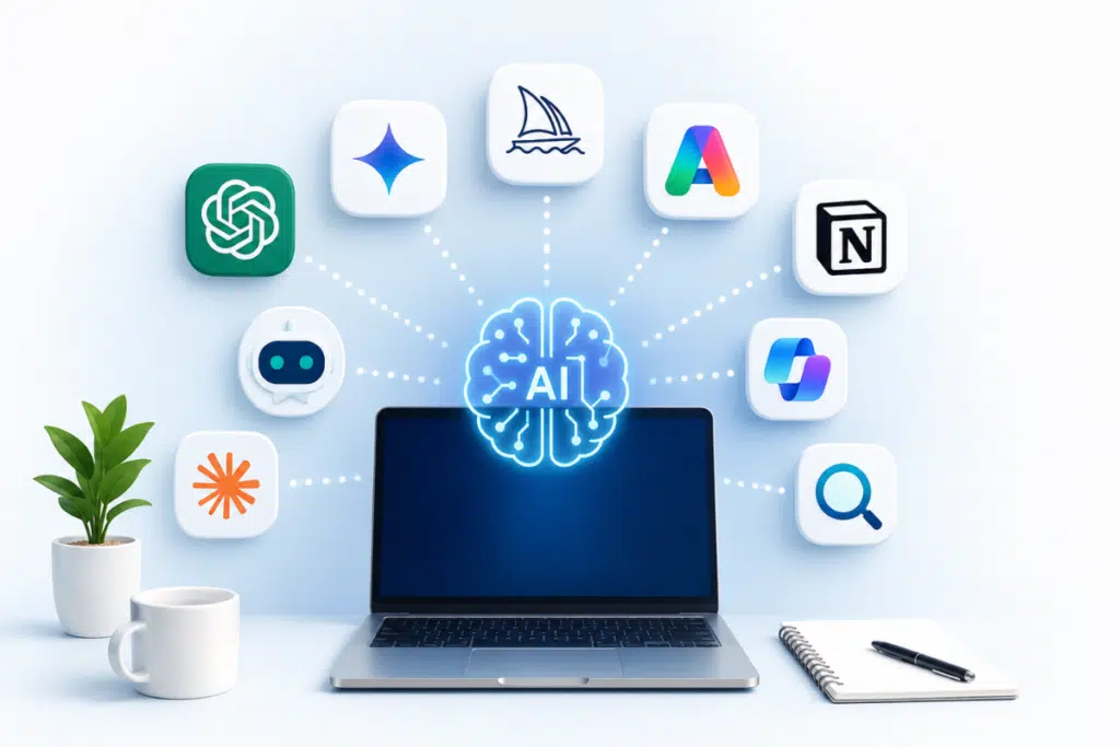Ferramentas de inteligência artificial para ganhar dinheiro online utilizadas na criação de conteúdo, produtividade e serviços digitais.