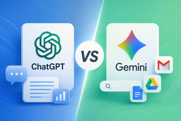 Gemini ou ChatGPT: qual inteligência artificial escolher? Ilustração comparando as duas ferramentas de inteligência artificial para estudos, trabalho, produtividade e criação de conteúdo.