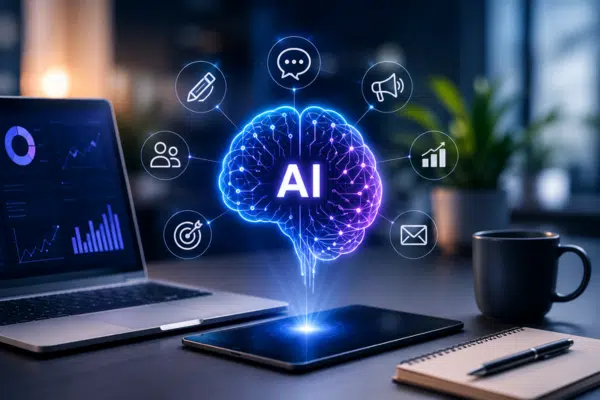 IA para marketing digital representada por um ambiente de trabalho moderno com inteligência artificial apoiando análise de dados, criação de conteúdo e estratégias digitais.