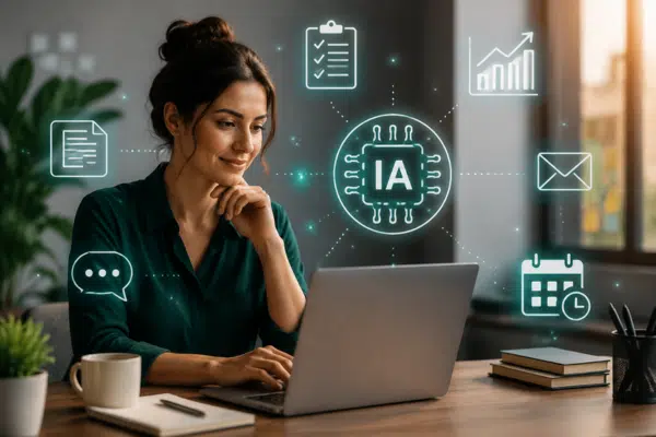 Como usar inteligência artificial para aumentar a produtividade no trabalho representado por uma profissional utilizando um notebook com recursos de inteligência artificial para organizar tarefas, analisar informações e otimizar sua rotina de trabalho.