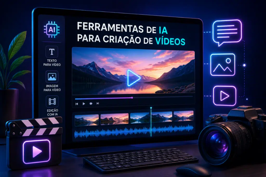 Ferramentas de IA para criação de vídeos representadas por uma interface de produção audiovisual com inteligência artificial, edição de cenas e geração de vídeos.