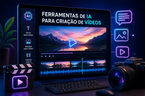 Ferramentas de IA para criação de vídeos representadas por uma interface de produção audiovisual com inteligência artificial, edição de cenas e geração de vídeos.