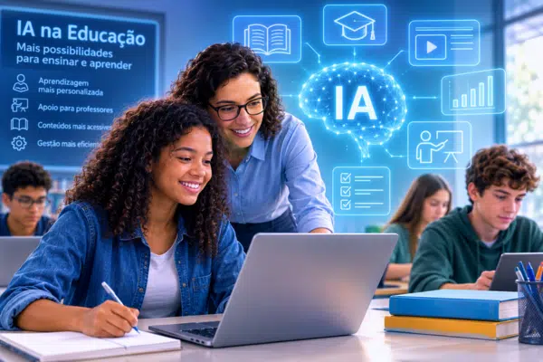 IA na educação com professora apoiando estudante no uso de inteligência artificial em sala de aula