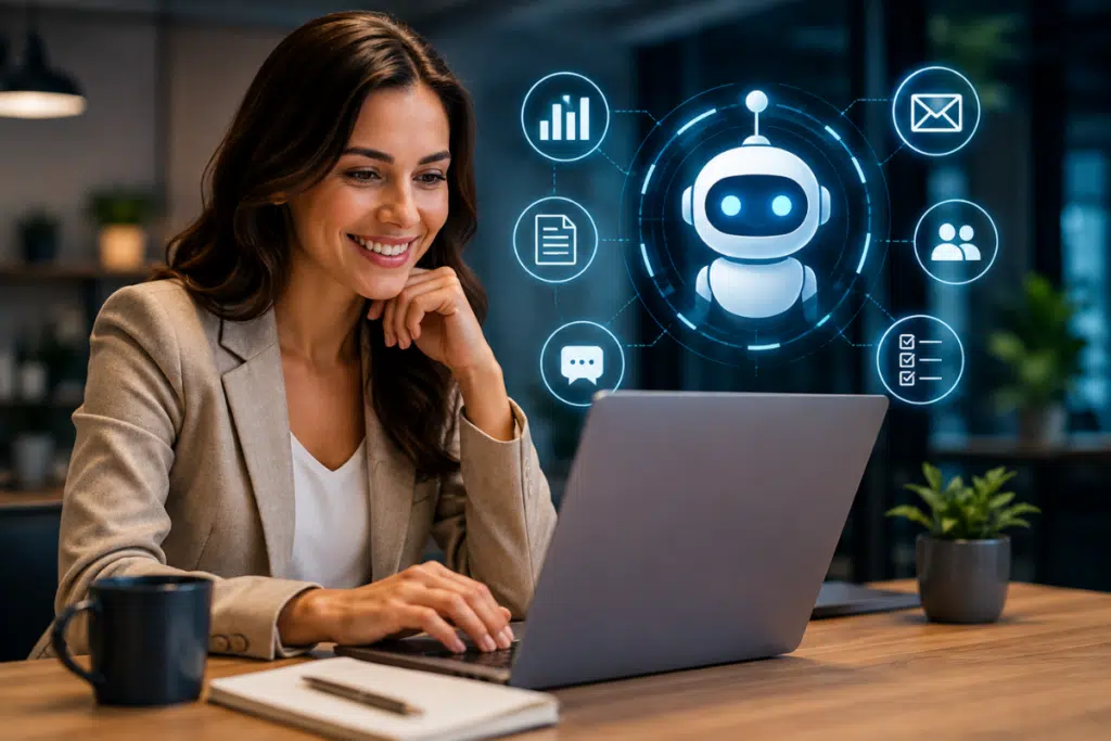 Inteligência artificial no trabalho representada por uma profissional utilizando um computador com recursos de inteligência artificial para aumentar a produtividade, automatizar tarefas e apoiar decisões no ambiente corporativo.