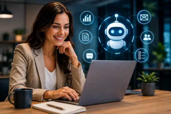 Inteligência artificial no trabalho representada por uma profissional utilizando um computador com recursos de inteligência artificial para aumentar a produtividade, automatizar tarefas e apoiar decisões no ambiente corporativo.