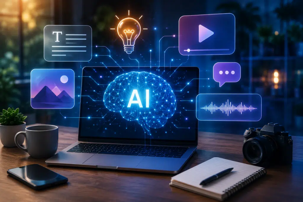 Inteligência artificial para criação de conteúdo representada por recursos de IA para produzir textos, imagens, vídeos e áudios em um ambiente digital.
