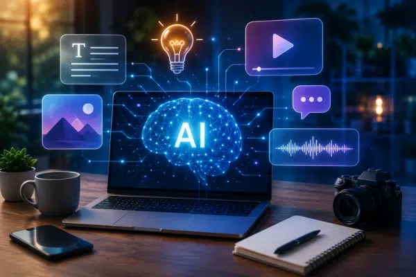 Inteligência artificial para criação de conteúdo representada por recursos de IA para produzir textos, imagens, vídeos e áudios em um ambiente digital.
