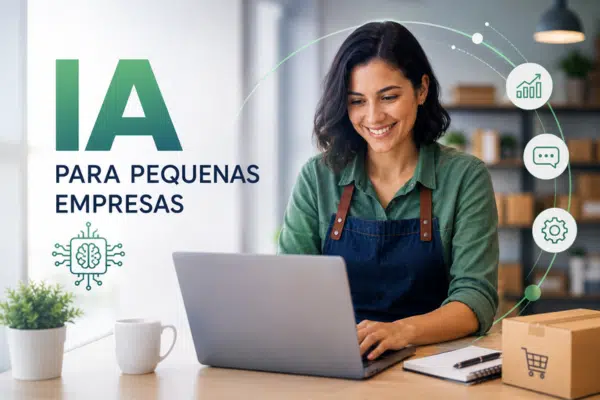 Inteligência artificial para pequenas empresas representada por uma empreendedora utilizando um notebook para gerenciar seu negócio com o apoio da inteligência artificial, automatizando processos e aumentando a produtividade.