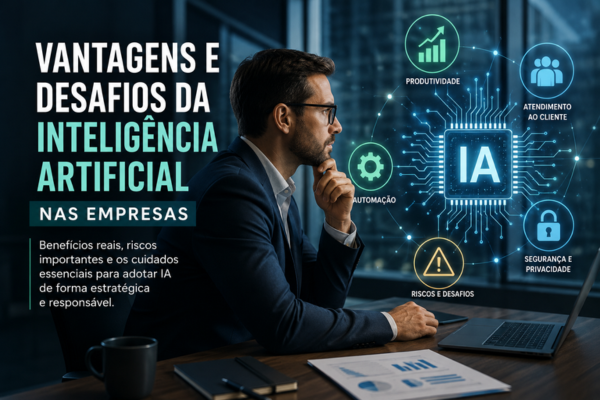 Vantagens e desafios da inteligência artificial nas empresas, incluindo produtividade, automação, segurança e riscos