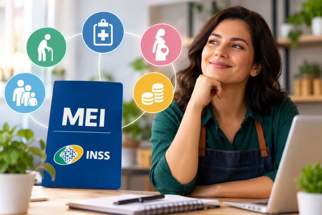 Benefícios do INSS para MEI representados por ícones de aposentadoria, saúde, maternidade e proteção familiar.