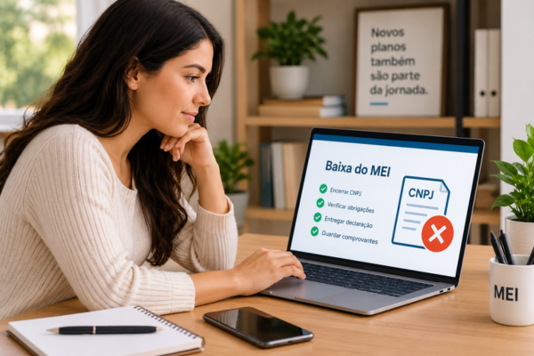 Mulher utilizando um notebook para consultar como dar baixa no MEI e verificar as obrigações pendentes do CNPJ.