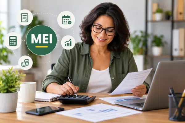 Empreendedora organizando documentos e calculando impostos, com símbolos de contabilidade para MEI.