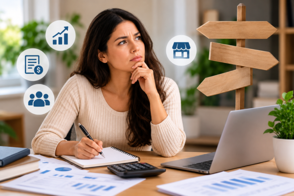 Mulher analisando documentos financeiros e gráficos ao lado de um notebook, representando o desenquadramento do MEI e como regularizar uma empresa.